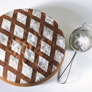 Sieve and cake with criss-cross design