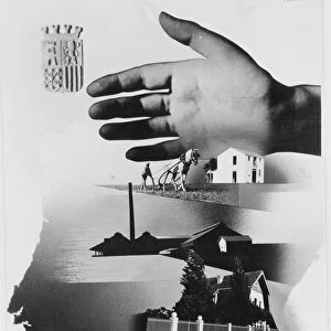 Spanish War Poster, c1935-1942, the protective hand of the State shielding the nation