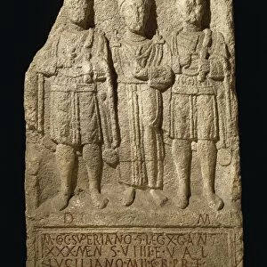 Stele of M. Cocceio Superiano depicting woman between two Lares, guarantors for conditions of Iustae nuptiae, from Labor (Zagreb, Croatia)