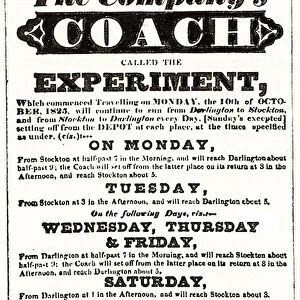 Stockton & Darlington Railway, opened 27 September 1825. Advertisement for the first