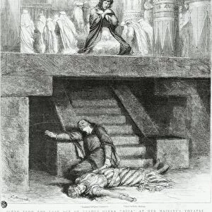 United Kingdom, England, The death of Radames and Aida (act four, scene two of Aida, 1871) by Giuseppe Verdi (1813-1901), performed at Her Majestys Theatre in London, engraving, 1879