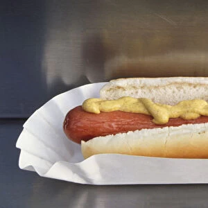 USA, New York City, hot dog topped with mustard in a bun, close up