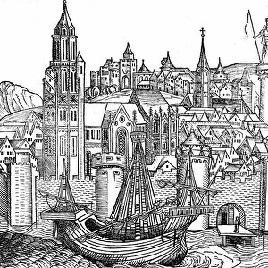 View of fortified city with a Cog, a type sailing vessel, in foreground. Watergate bottom right