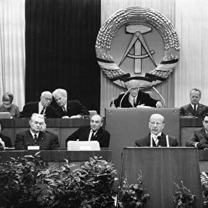 Walter ulbricht, state council chairman of the gdr, speaking on the constitution of the socialist society and its socialist state of the german nation and gave his report as the chairman of the commission preparing the draft for a socialist constitution to the 7th session of the peoples chamber (parliament) held in the congress hall on berlins alexander square on january 31, 1968