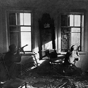 World war 2, battle of stalingrad, soviet tommy gunners snipe at the enemy from an ambush in a house