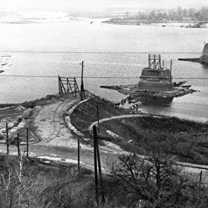 World war 2, kiev, a bridge over the dnieper river demolished by germans, november 1943
