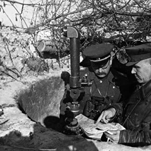 World war 2, marshal of the soviet union, ivan konev (konyev), commander of the troops of the first ukrainian front, and marshal rotmistrov of the tank force at the observation post