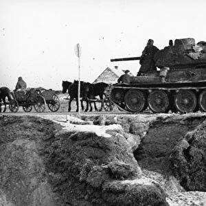 World war 2, soviet tank crew on the march in poland, 1945