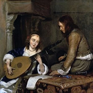 Young woman playing a lute: Dutch interior. Girl in white satin dress and blue velvet