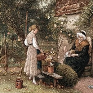 Youth and Age. Chromolithograph after painting by Myles Birkett Foster (1825-1899)