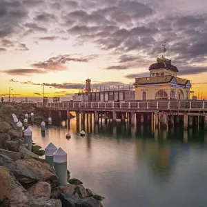 St. Kilda pavilion at St. Kilda pier at sunset in Melbourne, Australia