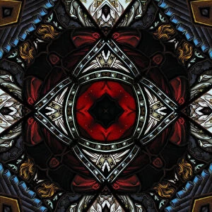 Abstract image: kaleidoscopic image of a colored stained glass window inside a church