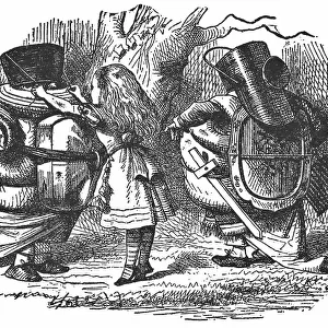 Alice with Tweedledum and Tweedledee Suiting Up for a Fight in Through the Looking-Glass