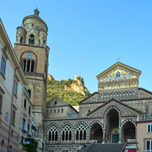 Amalfi cathedral facade with bell tower and steps