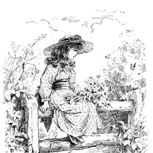 Antique childrens book comic illustration: girl on fence