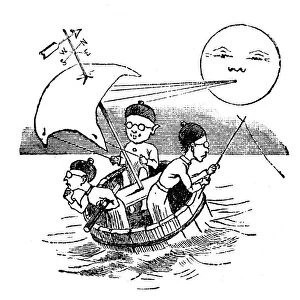 Antique childrens book comic illustration: Three men in barrell