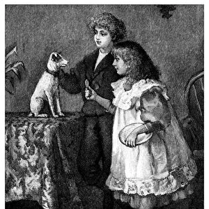 Antique childrens book comic illustration: children feeding dog