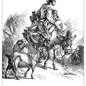 Antique illustration of woman with baby riding a donkey