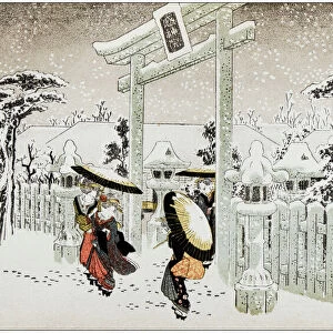 Antique Japanese Illustration: Gate of the Shinto Temple, Shi-En-Sha, Kyoto, in winter by Hiroshige I