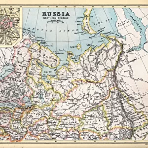 Antique map of Northern Russia with detail of St Petersburg in 1890s, Victorian 19th Century