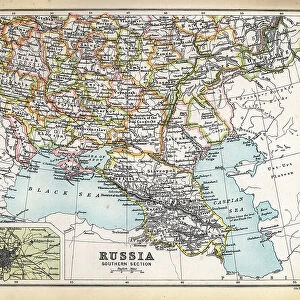 Antique map of Southern Russian Empire, Black sea, detail on Moscow and Odessa, 1890s, 19th Century