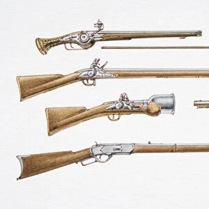 Assortment of 17th, 18th and 19th century guns and ammunition, side view