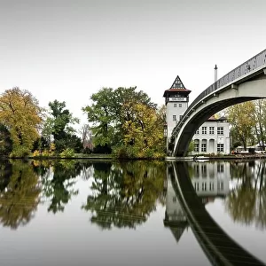 Autumn Island of Youth with Abbey Bridge in Treptower Park, Berlin, Germany