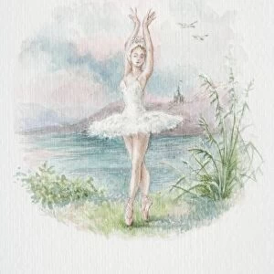 Ballerina in white tutu standing on pointes with arms stretched up, lake landscape in background