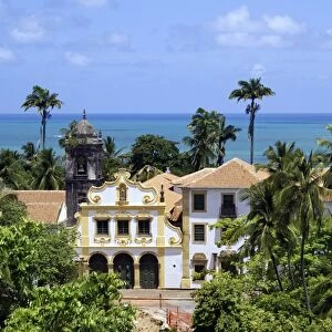 Baroque church and blue ocean, Olinda, Pernambuco, Brazil