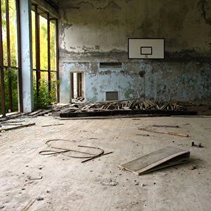 A basketball court in ruins at the Chernobyl nucle