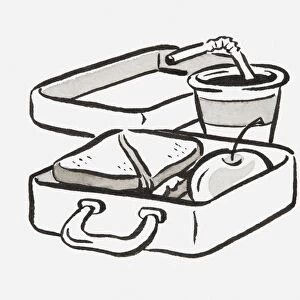 Black and white illustration of a lunch box and soft drink