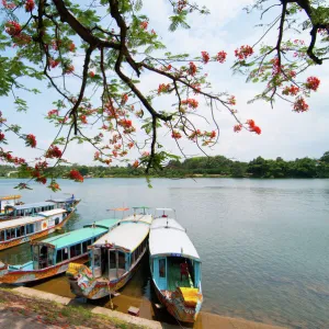 A boat station at Perfume River (Huong river) near Thien Mu pagoda, Hue, Vietnam