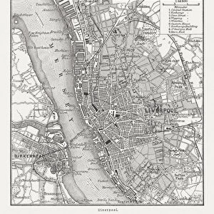 City map of Liverpool and Birkenhead, England, woodcut, published 1897
