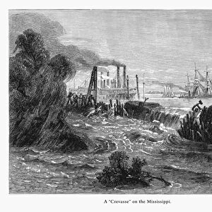 Crevasse in a Dyke on the Mississippi River at New Orleans, Louisiana, United States, American Victorian Engraving, 1872