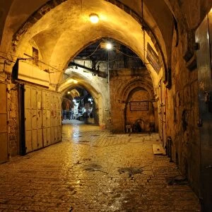 Deserted bazaar street in the evening, Muslim Quarter, Old City, Jerusalem, Israel, Middle East