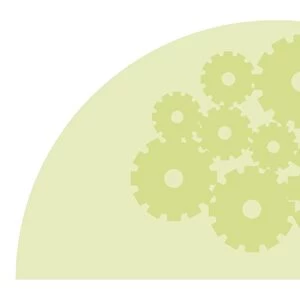 Digital illustration of cogs in green semi circle