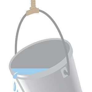 Digital illustration of water spilling from bucket hanging from rope