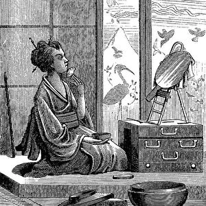 Girl at morning toilet, 1870, Japan