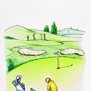 Golfers on golf course, woman preparing to strike, caddy standing nearby