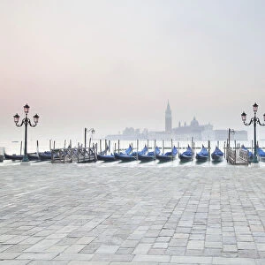 Gondolas and San Giorgio Maggiore at back, from St Marks Square, Venice, Venezien, Italy