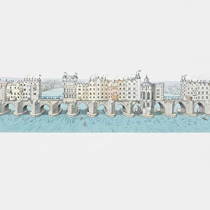Great Britain, England, London, panoramic view of London Bridge circa 1550