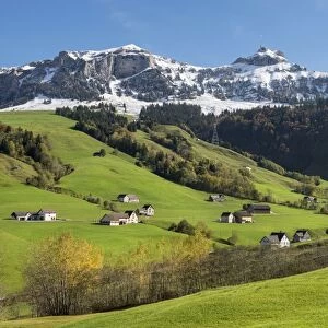 Green pastures in Appenzellerland in front of the snow-capped Appenzell Alps, Canton of Appenzell-Innerrhoden, Switzerland, Europe