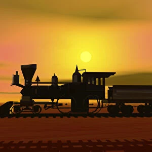 Historic locomotive at sunset, silhouette, 3D graphics