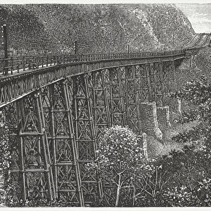 Historic railway bridge, near Santos, Brazil, wood engraving, published 1888