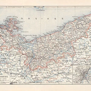 Historical map of Pomerania, Germany and Poland, lithograph, published 1897