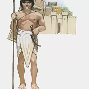 Illustration of ancient Egyptian soldier holding spear in front of building