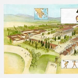 Illustration of ancient Olympia, athletes performing in the Games and heads of Greek Gods