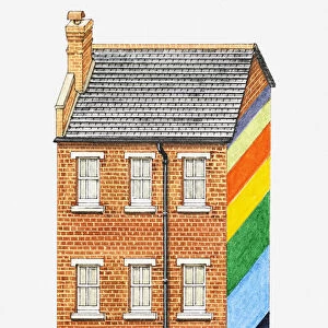 Illustration of brick house with one side painted in a pattern of colourful stripes