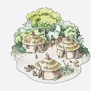 Illustration of conical huts in tribal village