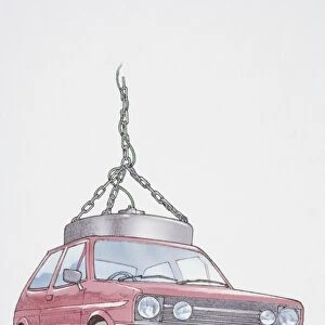 Illustration, electromagnet lifting red car